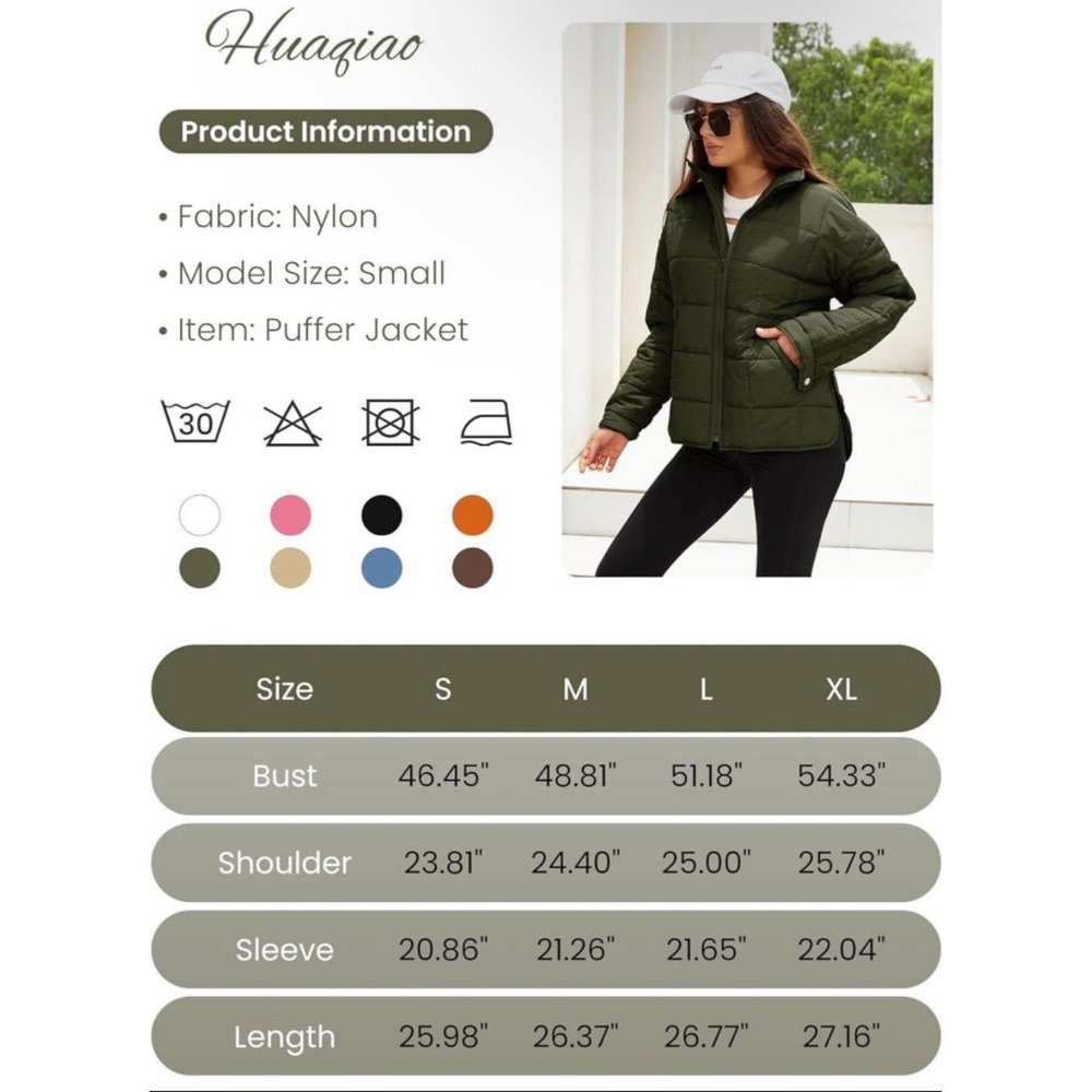Huaqiao Womens Quilted Puffer Jackets Lightweight Zipper Short Padded Coat - Picture 6 of 9